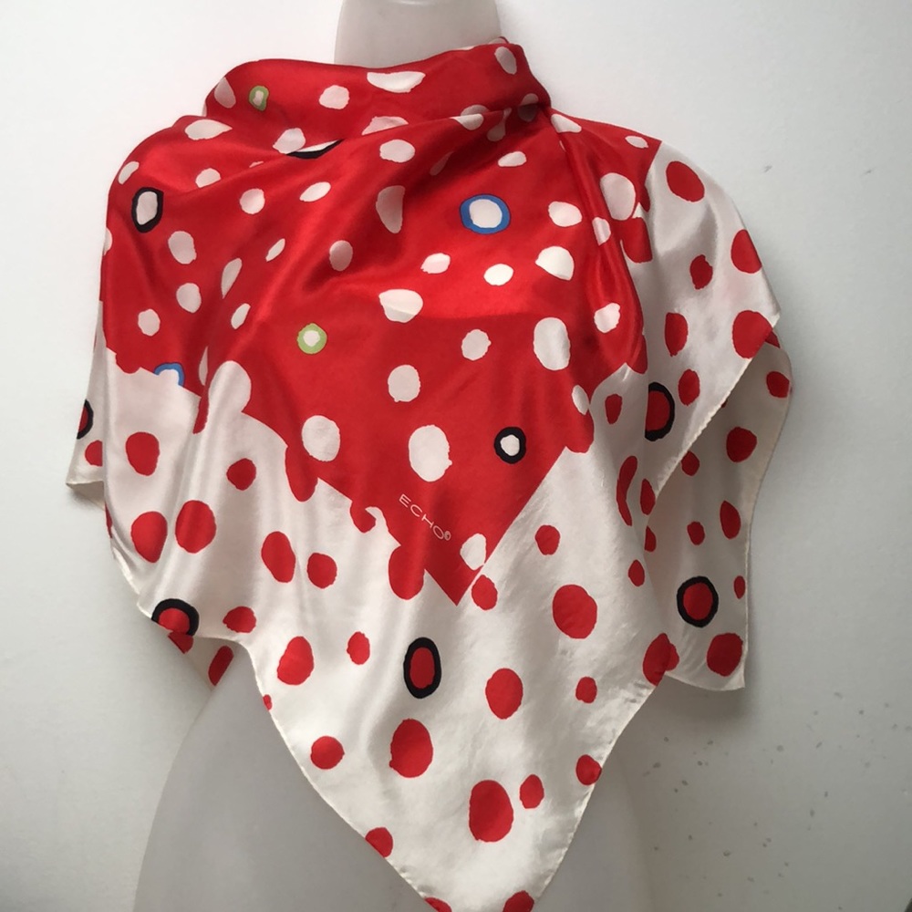 Echo Red and White Polka Dot Silk Scarf with Colorful Circles
